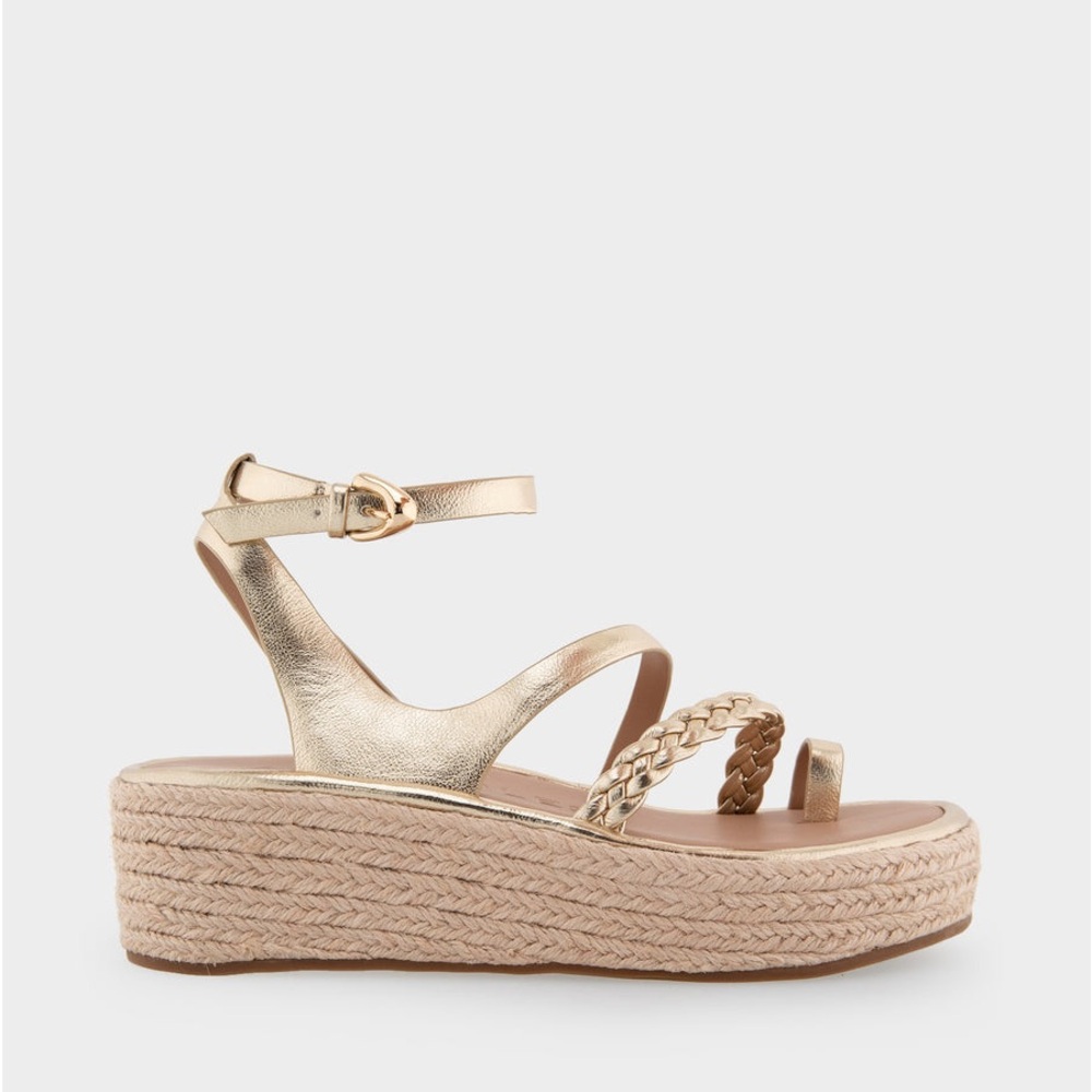 Comfortable Women's Strappy Flatform Sandal in Soft Gold Patent Faux Leather